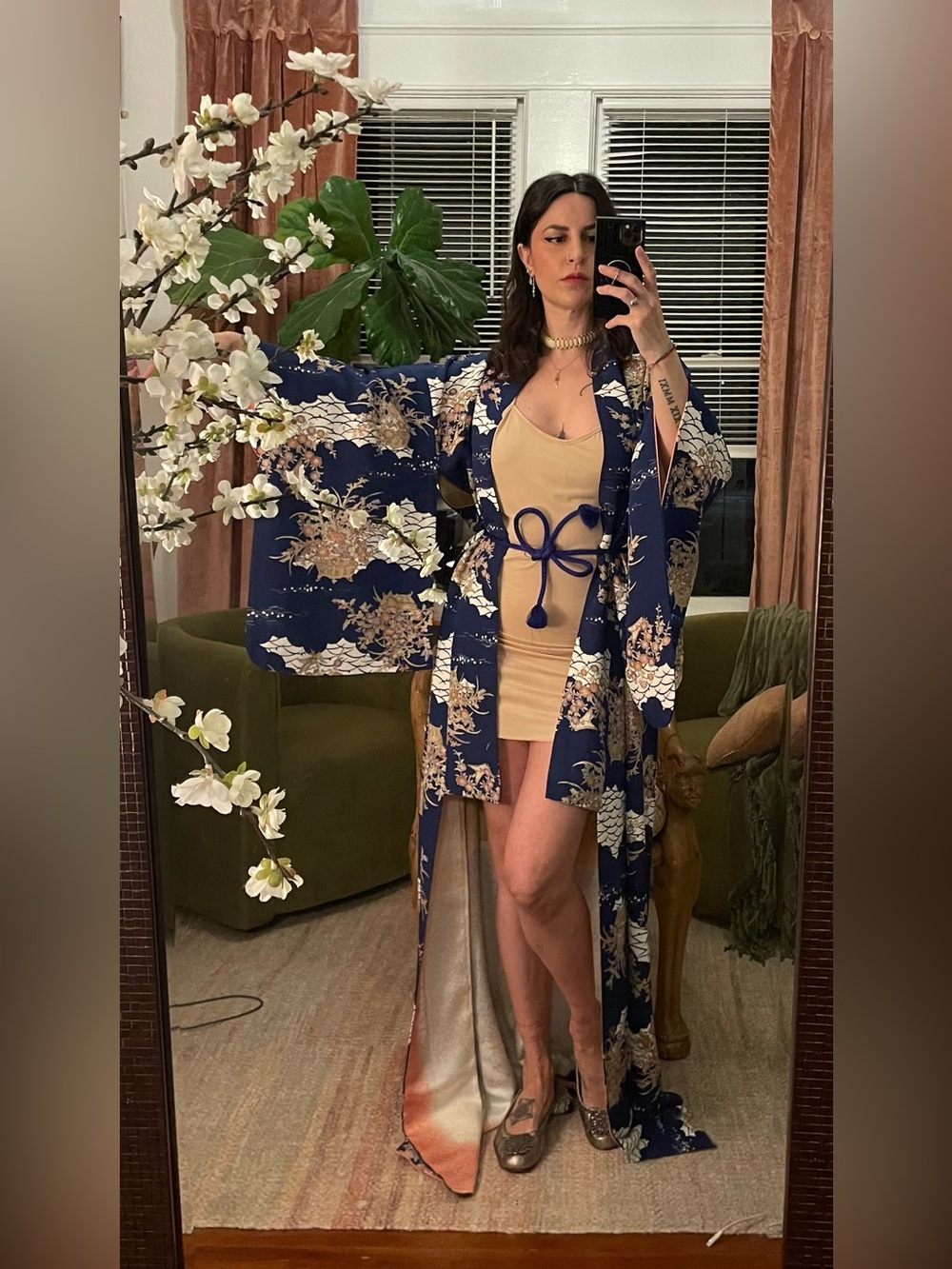 Real silk vintage Japanese kimono crepe royal blue floral flowers coverup peach